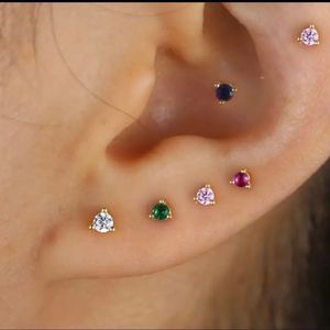 18K GOLD PLATED 3 PRONG SAPPHIRE BLUE COLORED CZ STUD EARRING TINY MINIMALIST